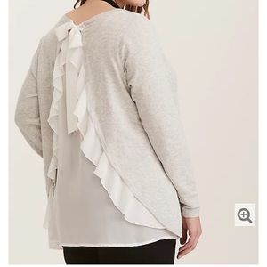 Torrid GREY & WHITE CHIFFON RUFFLED BACK SWEATER